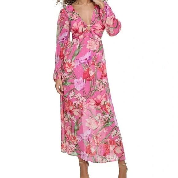 Siena Dress Women Sizes 2, 8 & 10 Pink Floral Long Sleeve Maxi O-Ring V-Neck NWT - Picture 4 of 16